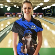 Load image into Gallery viewer, Custom Funny Cat Blue Bowling Jersey for Women Bowling Polo &amp; 1/4 Zip Bowling Team Shirts HNT198