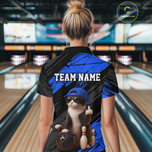 Load image into Gallery viewer, Custom Funny Cat Blue Bowling Jersey for Women Bowling Polo &amp; 1/4 Zip Bowling Team Shirts HNT198