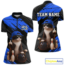 Load image into Gallery viewer, Custom Funny Cat Blue Bowling Jersey for Women Bowling Polo &amp; 1/4 Zip Bowling Team Shirts HNT198