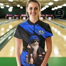 Load image into Gallery viewer, Custom Funny Cat Blue Bowling Jersey for Women Bowling Polo &amp; 1/4 Zip Bowling Team Shirts HNT198