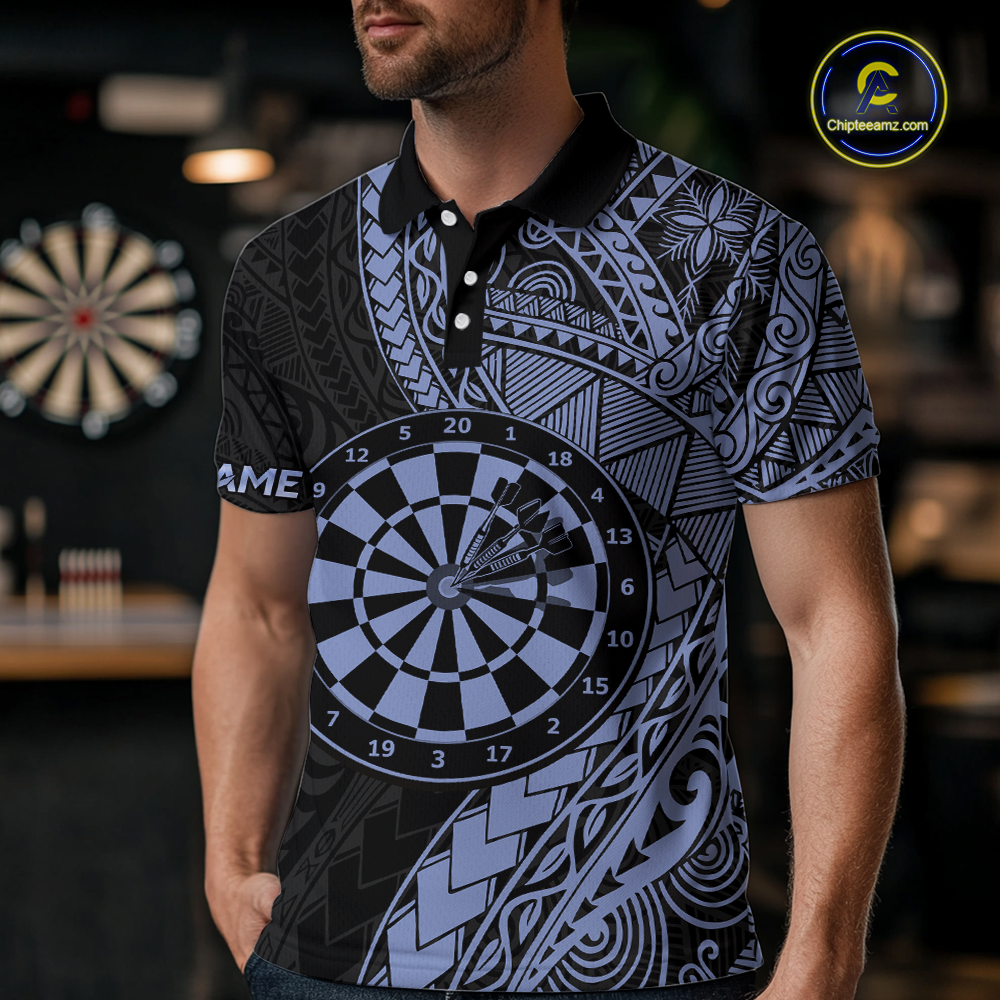 Custom Blue Tribal Dart Shirts for Men Dart Team Jersey Dartboard Gifts Polo & 1/4 Zip NNT163