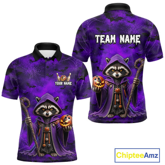 Front and back views of a short-sleeve polo shirt featuring a purple Halloween-themed graphic of a hooded raccoon holding a pumpkin and staff, with customizable text areas on the chest and back.