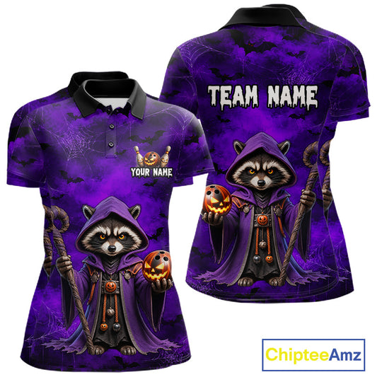 Front and back views of a purple Halloween-themed polo shirt featuring a cartoon raccoon dressed as a wizard holding jack-o'-lanterns, with customizable text placeholders and a ChipteeAmz logo in the corner.