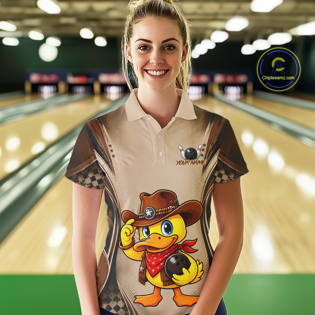 Person wearing a bowling shirt with a duck design in a bowling alley