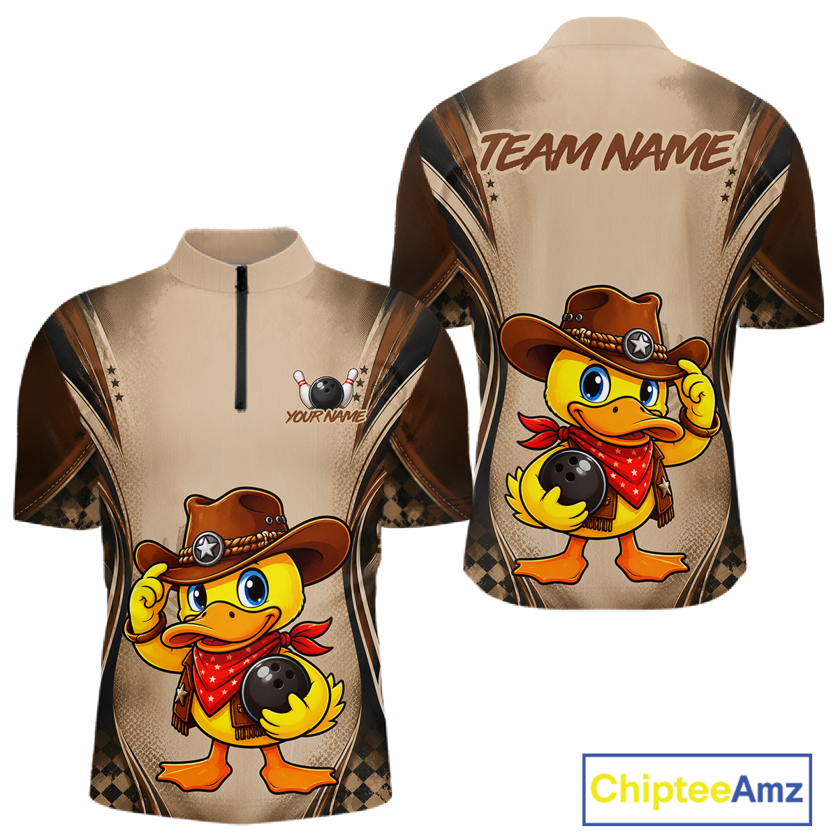 Beige shirt with cartoon duck in cowboy hat design on front and back, customizable text areas.