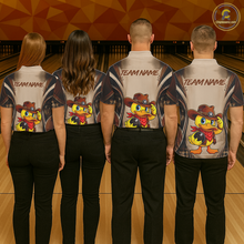 Load image into Gallery viewer, Four people wearing matching bowling shirts with a cartoon character design on a bowling alley.