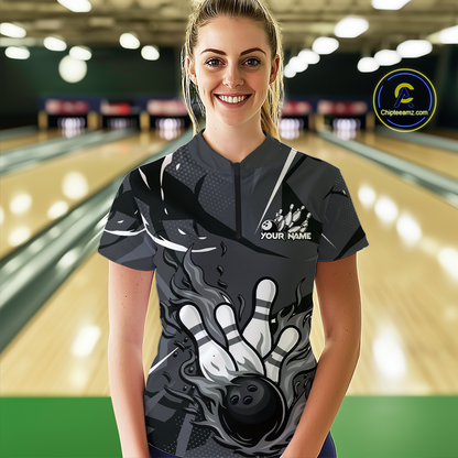 Custom Flame Bowling Jersey for Women Polo & 1/4 Zip Bowling Team Shirts Bowling League HNT151