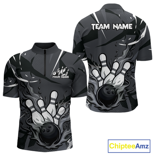 Custom Flame Bowling Jersey for Men Polo & 1/4 Zip Bowling Team Shirts Bowling League HNT151