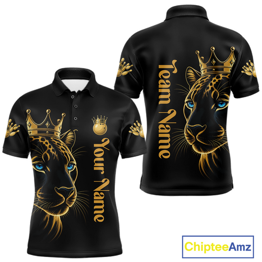Black polo shirt with gold leopard design and customizable text on a white background