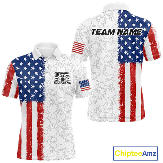 Front and back views of a custom polo shirt featuring a distressed American flag design with bowling pin patterns on a white background. The front has a customizable chest graphic and a small American flag on the sleeve, while the back displays 'TEAM NAME' across the shoulders.