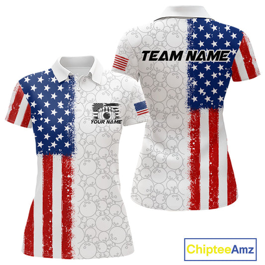Front and back views of a short-sleeve polo shirt featuring a distressed American flag design on a white base with a subtle skull-and-circle pattern. The front shows a white collar, a chest graphic with a camera icon and placeholder text, and a small American flag patch on the sleeve.