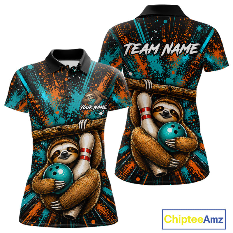 Front and back views of a short-sleeve polo shirt featuring a cartoon sloth holding a bowling ball on a colorful abstract background with teal, orange, black, and white. The shirt includes customizable text placeholders on the chest and back, shown on a white background with a ChipteeAmz logo in the bottom right corner.