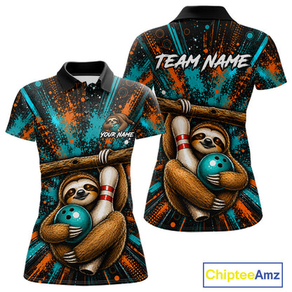 Front and back views of a short-sleeve polo shirt featuring a cartoon sloth holding a bowling ball on a colorful abstract background with teal, orange, black, and white. The shirt includes customizable text placeholders on the chest and back, shown on a white background with a ChipteeAmz logo in the bottom right corner.