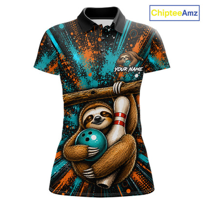 A women's short-sleeve polo shirt with a black collar, featuring a vibrant all-over graphic print of a sloth holding a bowling ball and pins, with teal, orange, and brown splatter patterns. The shirt includes a customizable name placeholder on the chest and a 'ChipteeAmz' watermark in the top right corner.