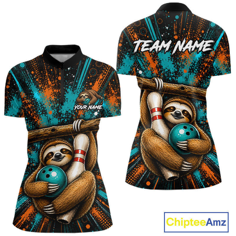Front and back views of a short-sleeve polo shirt featuring a cartoon sloth holding a teal bowling ball wrapped in a wooden bow, with teal, orange, and black paint splatter graphics. The front has a custom name placeholder on the chest, and the back has 'TEAM NAME' text.