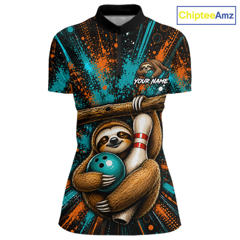 A short-sleeve polo shirt with a black collar, featuring a vibrant 3D-printed design of a sloth holding a teal bowling ball and pins, set against a dark background with orange and teal paint splatters. The shirt includes a customizable text overlay 'YOUR NAME' and a 'ChipteeAmz' logo in the top right corner.