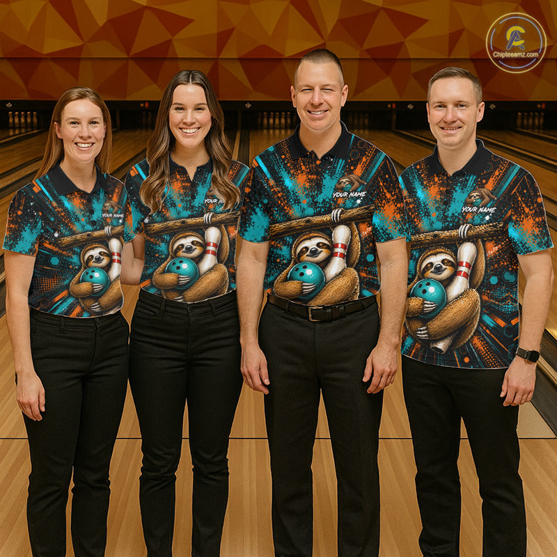 Four people standing in a bowling alley wearing matching bowling shirts with a sloth and bowling ball graphic, paired with black pants.
