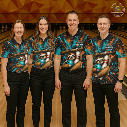 Four people standing in a bowling alley wearing matching bowling shirts with a sloth and bowling ball graphic, paired with black pants.