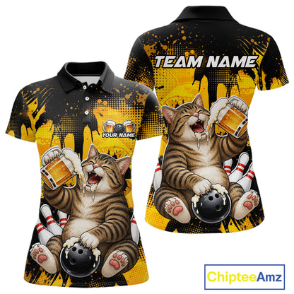 Two polo shirts with a cat design holding bowling balls and beer mugs on a yellow and black background. 'Team Name' text is visible.