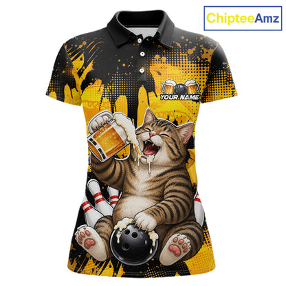 Polo shirt with a cat bowling and drinking beer design, brand 'ChipteeAmz' visible.