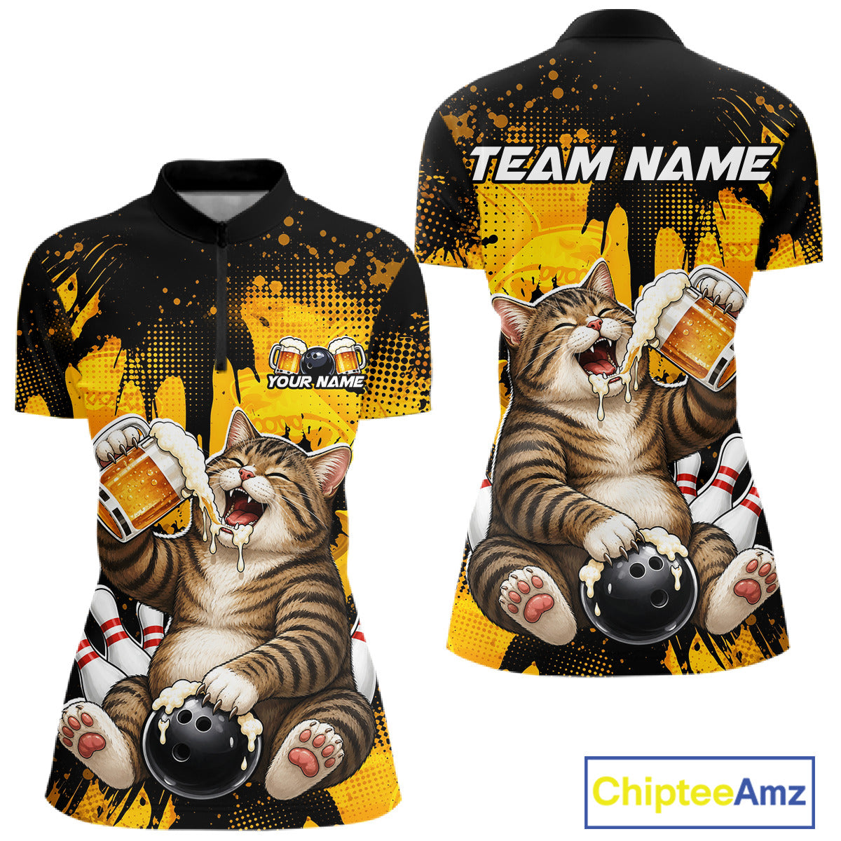 Polo shirt with a cat bowling design on a yellow and black background, featuring 'Chiptee Amz' branding.