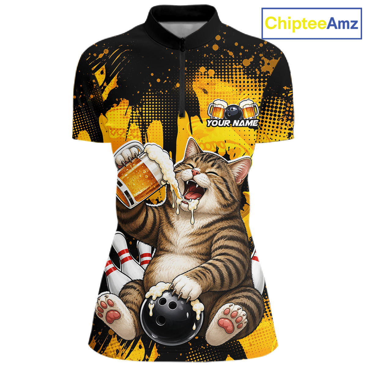 Shirt with a cat holding a beer and bowling ball design, brand 'ChipteeAmz' visible.