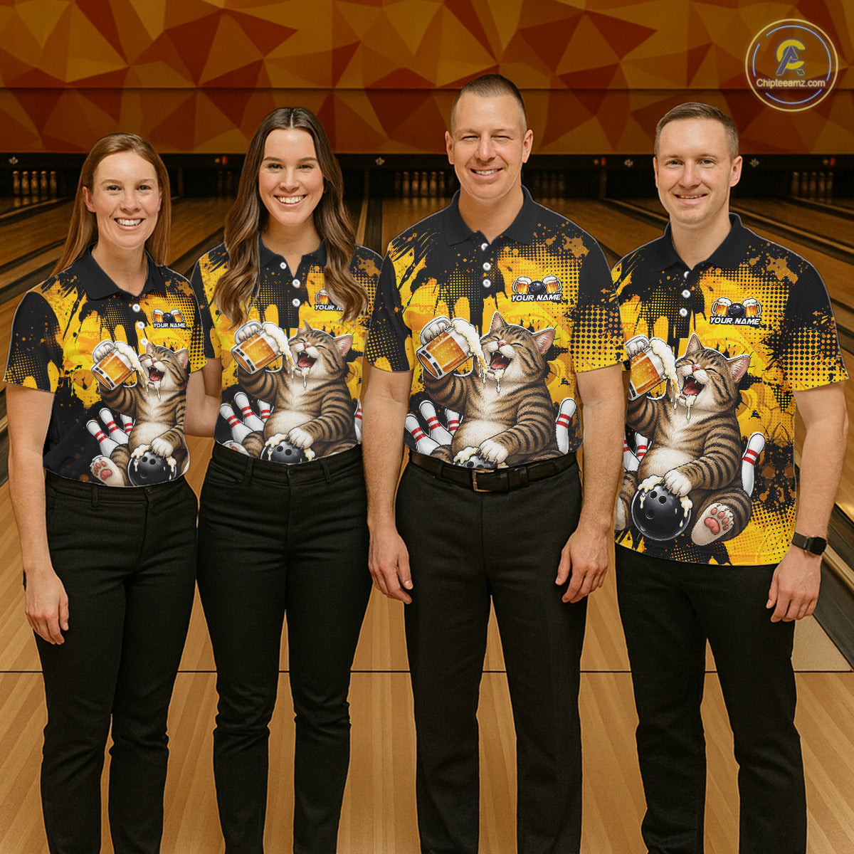 Four people wearing matching bowling-themed shirts with cats and beer graphics in a bowling alley.