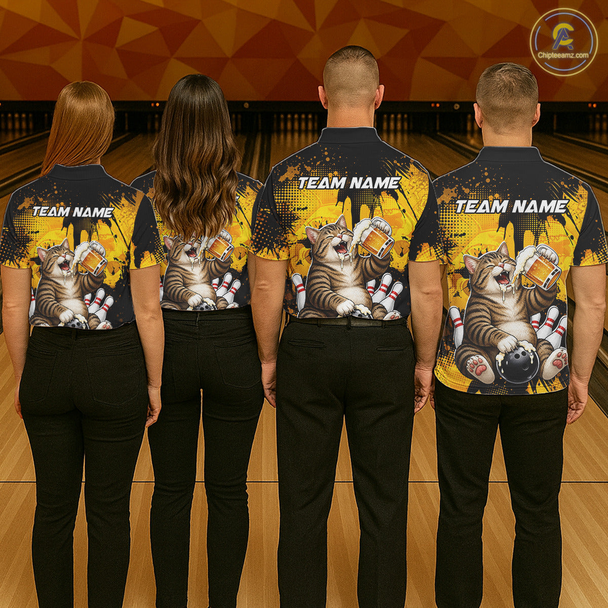 Four people wearing matching bowling-themed shirts with a cat design on a bowling alley.