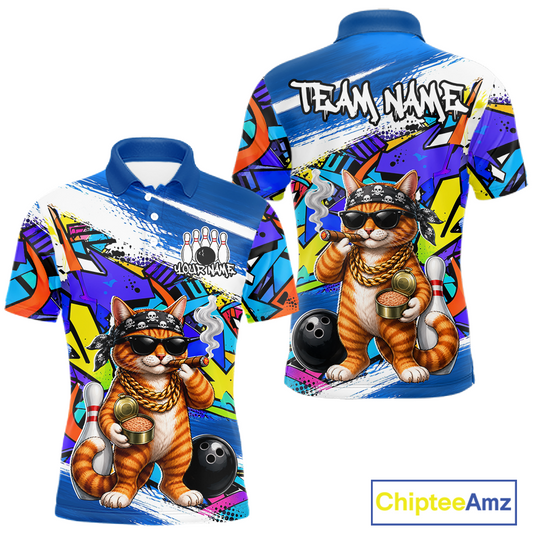 Colorful polo shirt with a cat graphic and 'Team Name' text on a white background