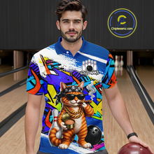 Load image into Gallery viewer, Man wearing a colorful bowling-themed shirt with a cat graphic in a bowling alley.