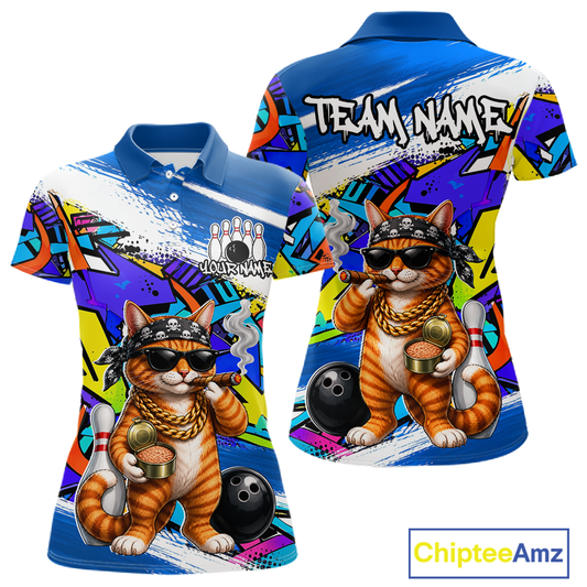 Women polo colorful a funny cat design and 'Chiptee Amz' branding.