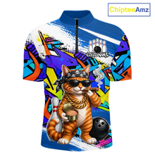 Load image into Gallery viewer, Colorful bowling jersey with a cat graphic and 'Chiptee Amz' branding.