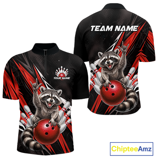 Custom Red Raccoon Bowling Jersey for Men Bowling Team Shirts Bowling Polo & 1/4 Zip HNT254