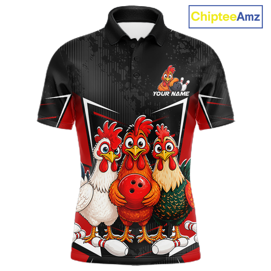 Red Funny Three Chicken Bowling Jersey for Men Bowling League Bowling Team Shirts HN287