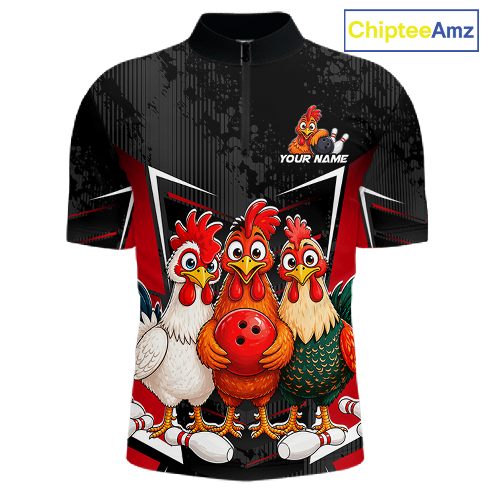 Red Funny Three Chicken Bowling Jersey for Men Bowling League Bowling Team Shirts HN287