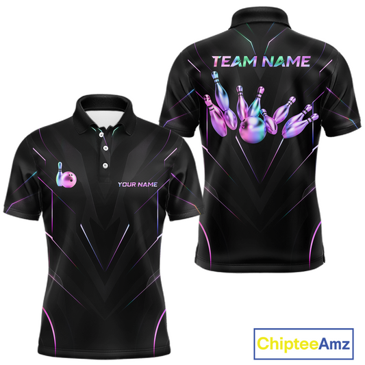 Black polo shirt with colorful bowling design and 'Team Name' text on a white background