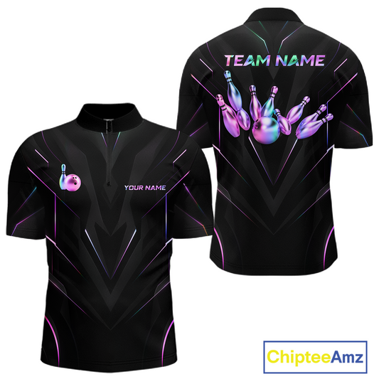 Black bowling shirt with colorful design and customizable text on a white background