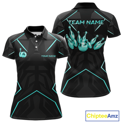 Black bowling team shirt with teal graphics and text, featuring 'Chiptee Amz' branding.