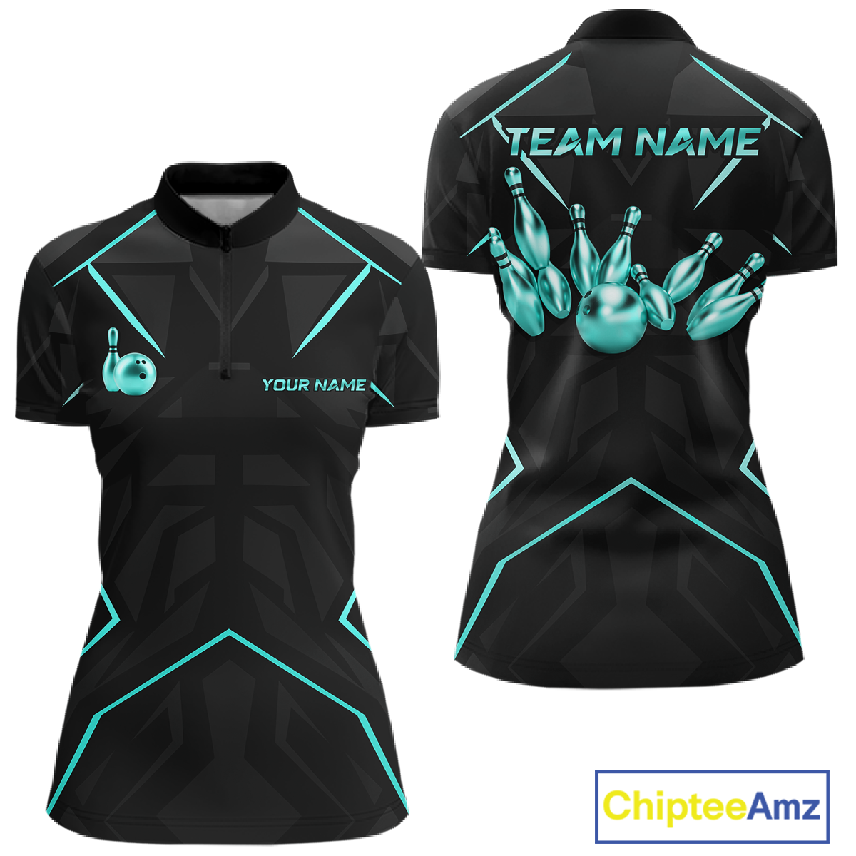 Black bowling shirt with teal graphics and text, featuring 'Team Name' and 'Your Name' on a white background.
