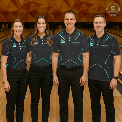 Four people in matching bowling shirts standing on a bowling lane.