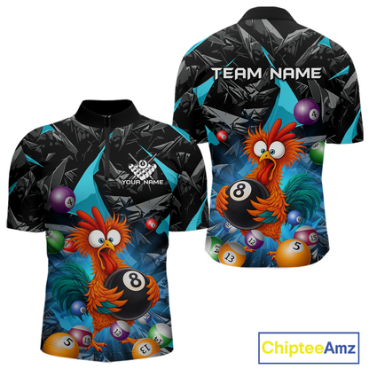 Custom Funny Turquoise Chicken 8 Ball Pool Billiard Shirt for Men Polo & 1/4 Zip, Billiard Team Jerseys NNT148