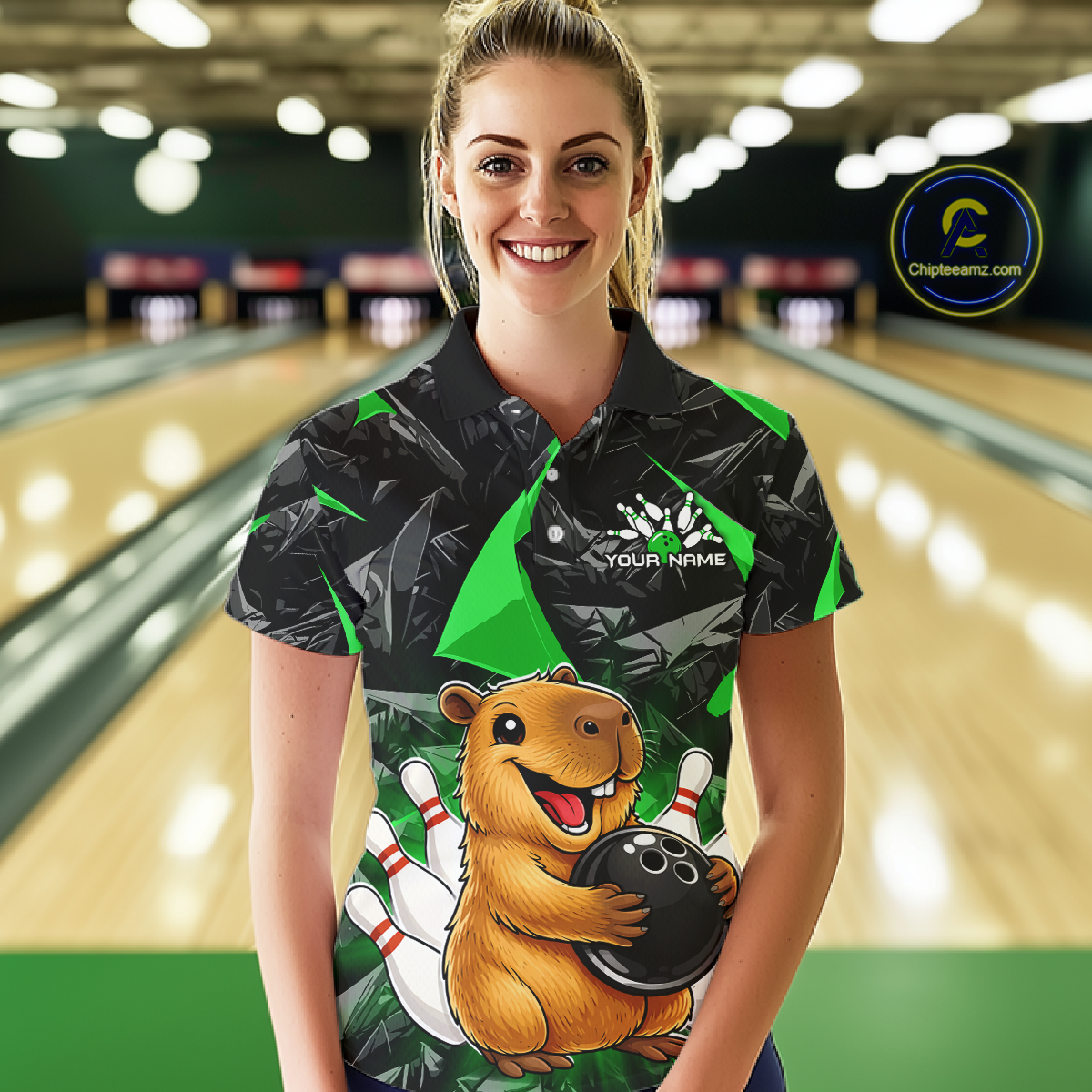 Custom Green Capybara Bowling Jersey for Women Bowling Team Shirts Bowling Polo & 1/4 Zip HNT255