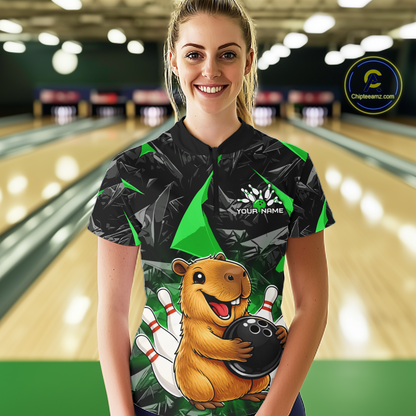 Custom Green Capybara Bowling Jersey for Women Bowling Team Shirts Bowling Polo & 1/4 Zip HNT255