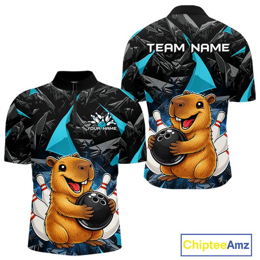 Custom Turquoise Capybara Bowling Jersey for Men Bowling Team Shirts Bowling Polo & 1/4 Zip HNT255
