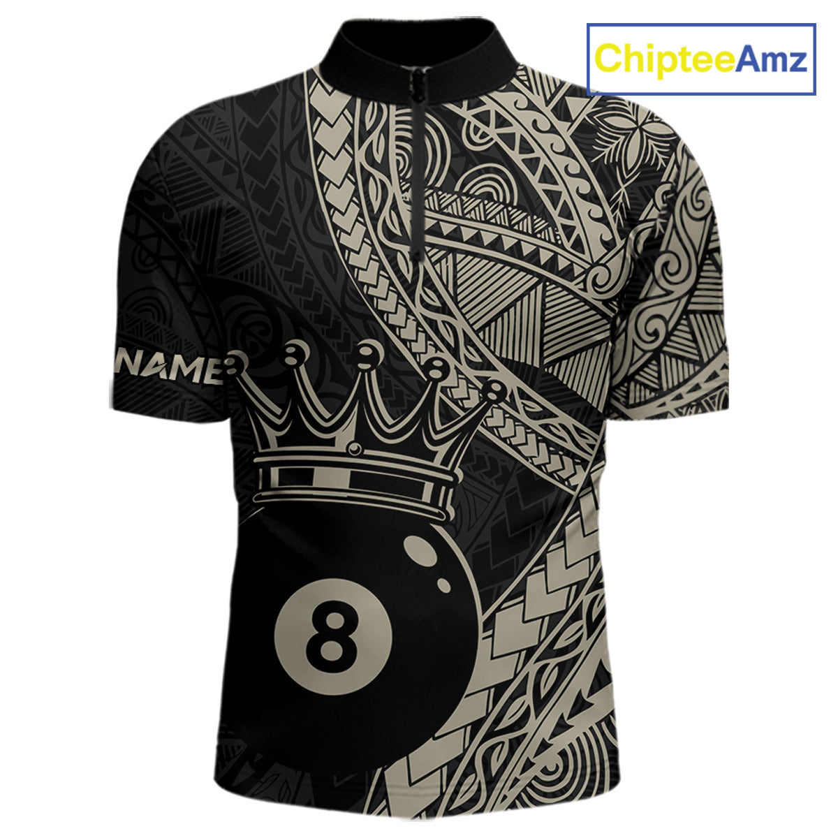 Men’s fitted quarter zip dress in black and gold tones with layered Polynesian-style designs, abstract geometric textures, and a large crowned 8-ball centerpiece.