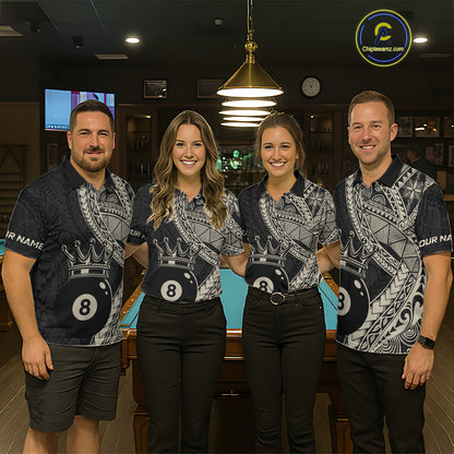 Four people wearing matching billiard shirts in a billiard league.