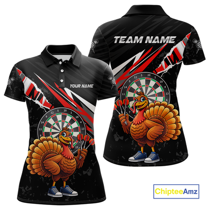 Red Funny Turkey Chicken Darts Shirt for Women Darts Team Jerseys Polo & 1/4 Zip Dart League NNT130