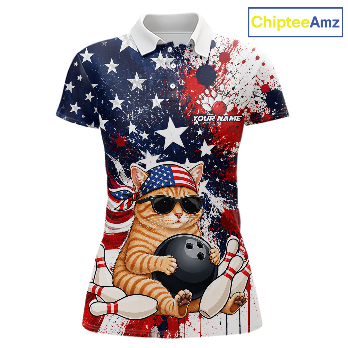 Polo shirt with a cat design featuring an American flag and bowling elements, branded 'ChipteeAmz'.