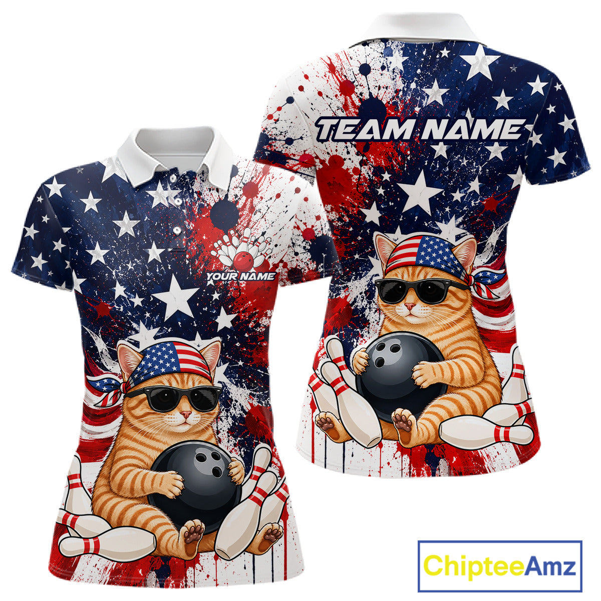 Polo shirt with American flag design and cat holding a bowling ball, featuring 'Chiptee Amz' branding.