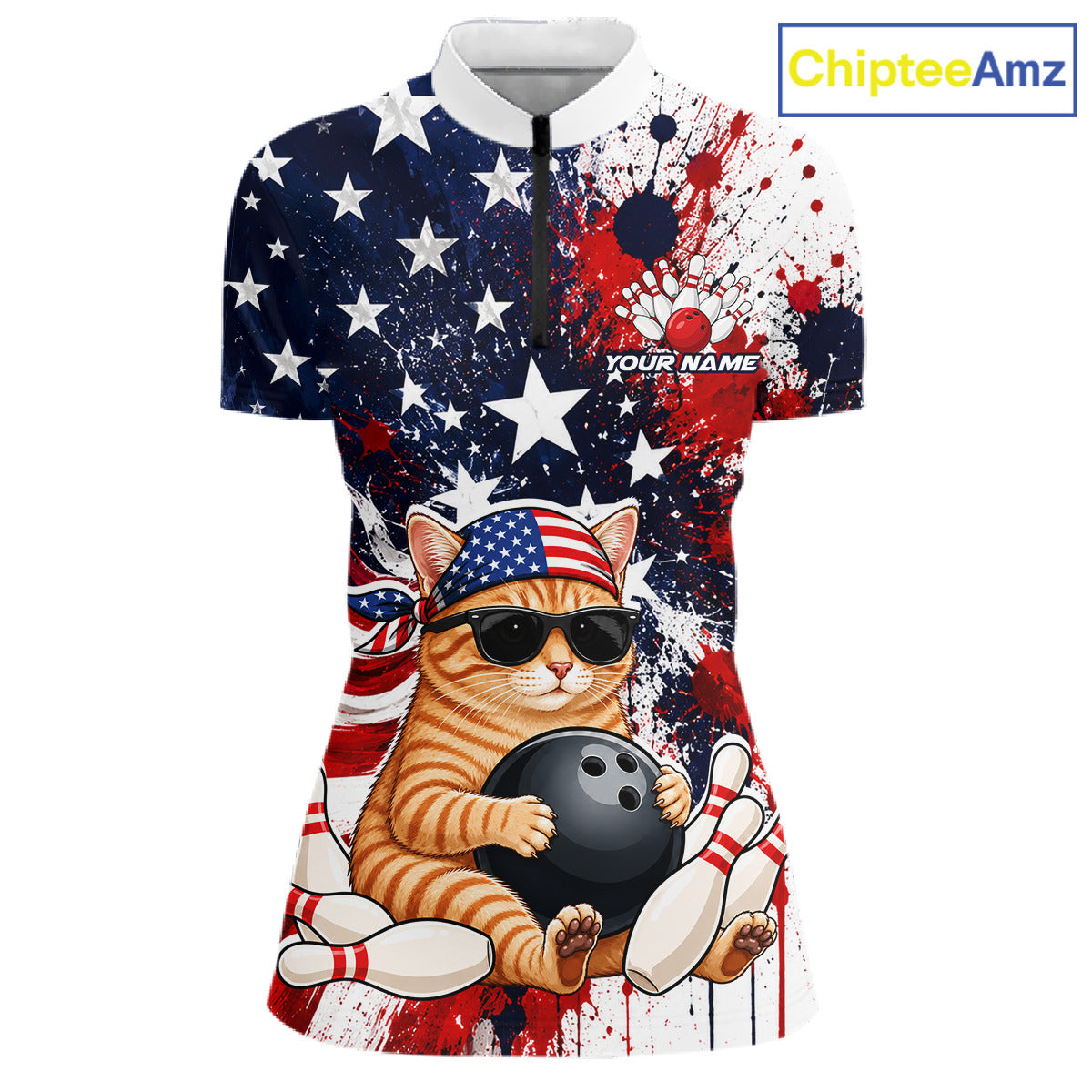 Polo shirt with a cat design holding a bowling ball on an American flag background, branded 'ChipteeAmz'.